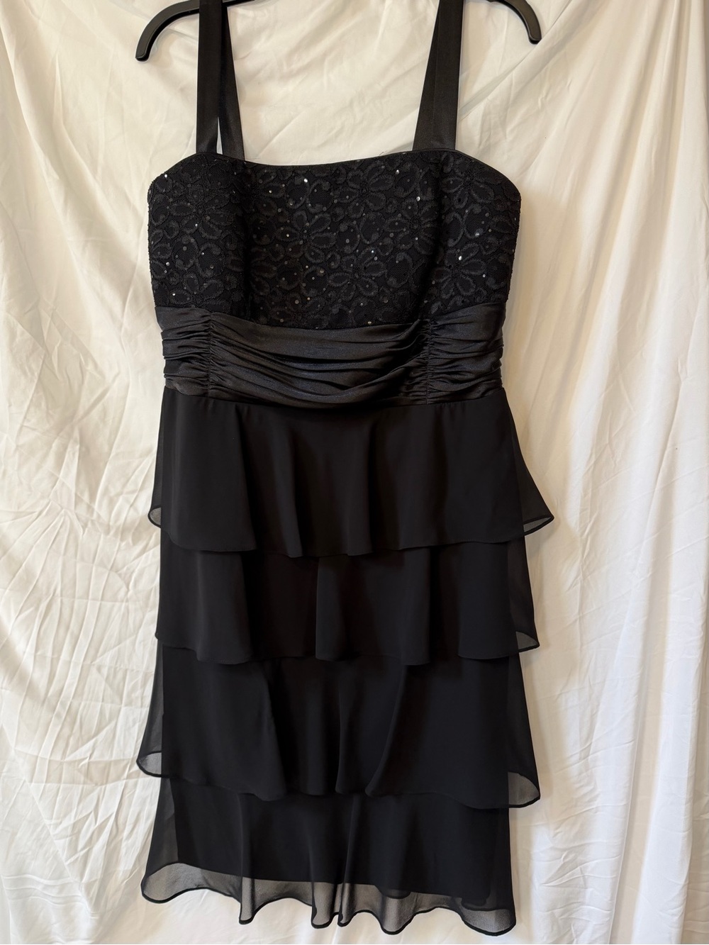 R&M Richards Black Beaded Tiered Mini Dress